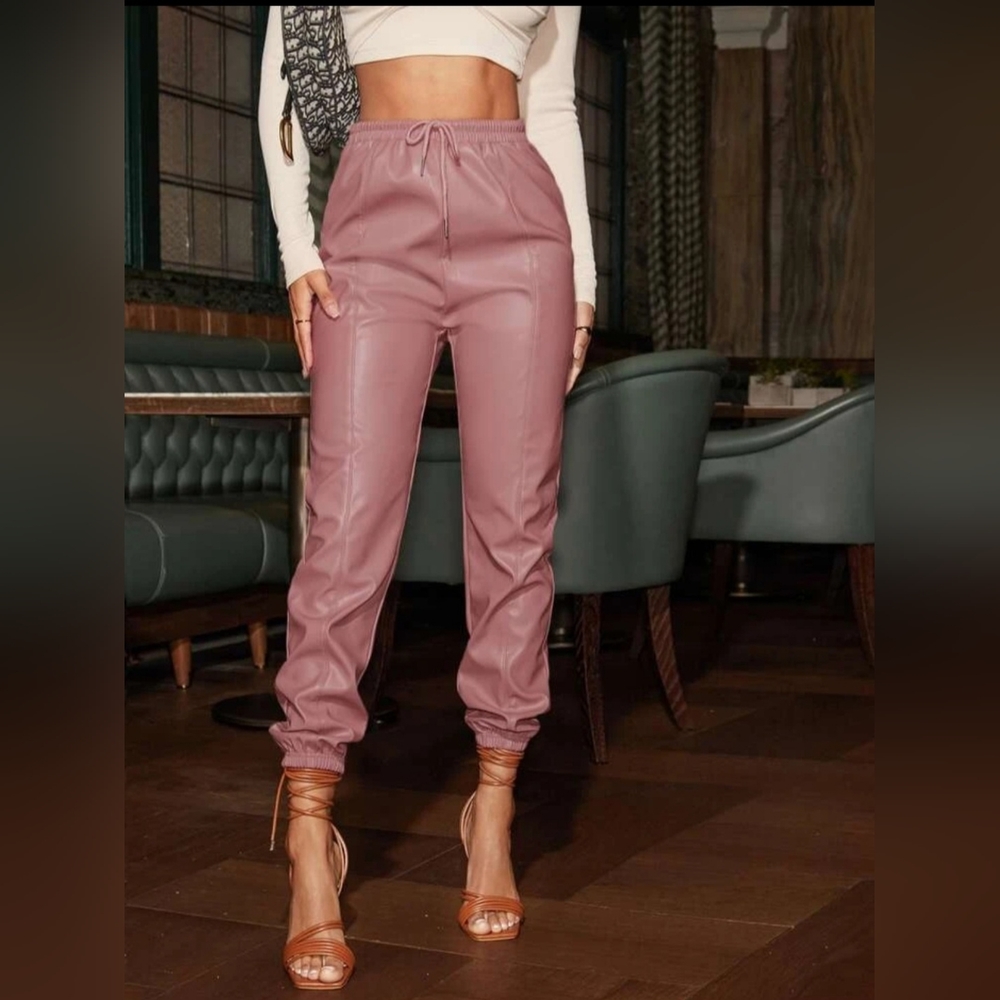 SHEIN Dusty Pink Knot Waist PU Leather Pants & Black  Mock Neck Geo Mesh Top Set